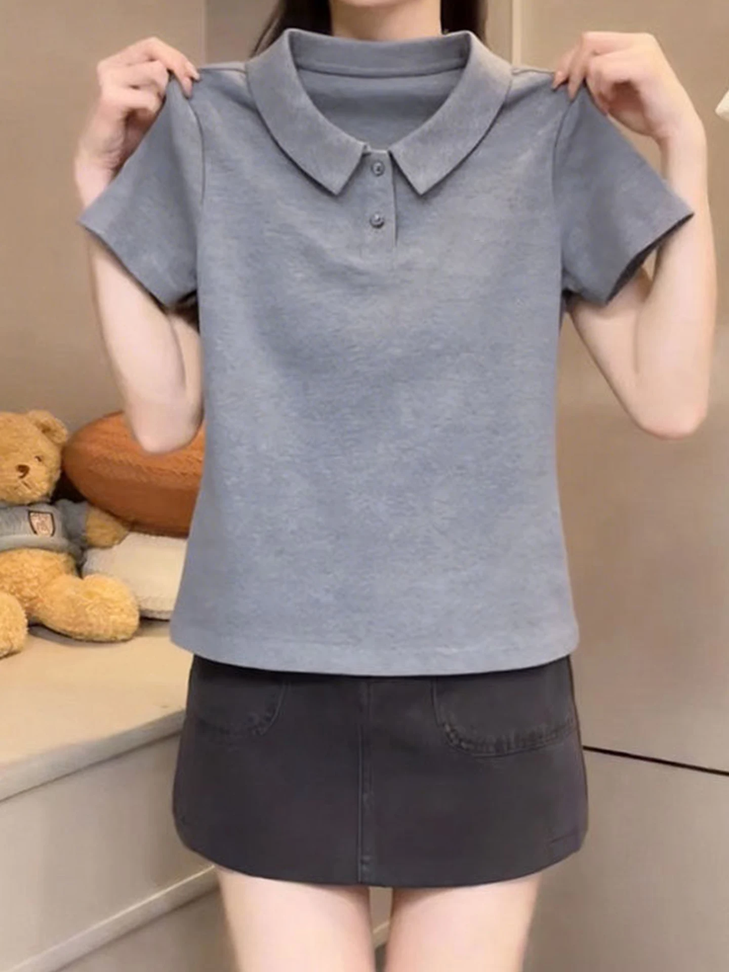

Summer 2026 Lazy Versatile Color Short Sleeve T-Shirt Korean Style Fashionable Age-Defying Design Collared Top Women