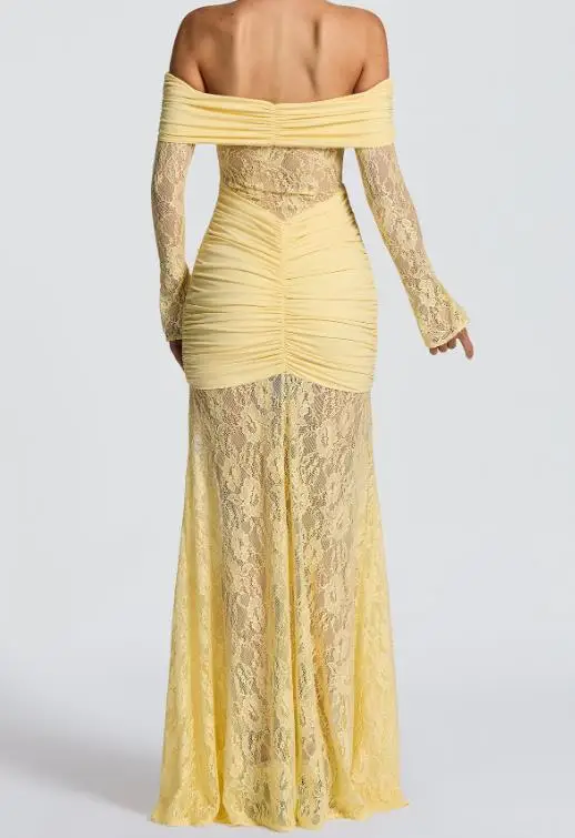 

Womens Dresses 2026 Spring Summer New Solid Color Elegant Lace Splicing Off Shoulder Long Sleeve Slim Ruched Temperament Dress