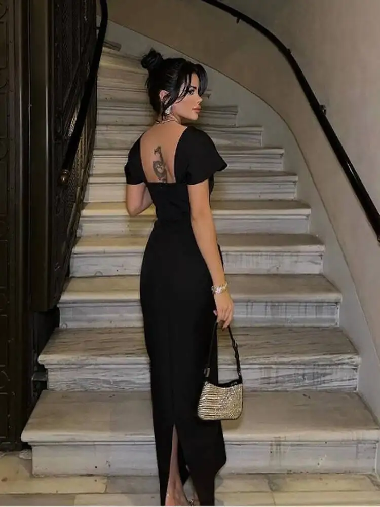 Nuevo vestido Bandage de diamantes con cuello cuadrado y manga corta para mujer, vestido largo hasta el suelo, vestido Maxi de fiesta de celebridades a la moda