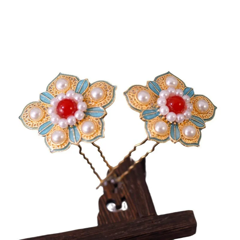 Chinese Floral Hair Stick Metal Hairpin Chopstick For Women Hanfu Party Antique Pearl Hair Clasp Jewelry Gifts Tiaras Headwear