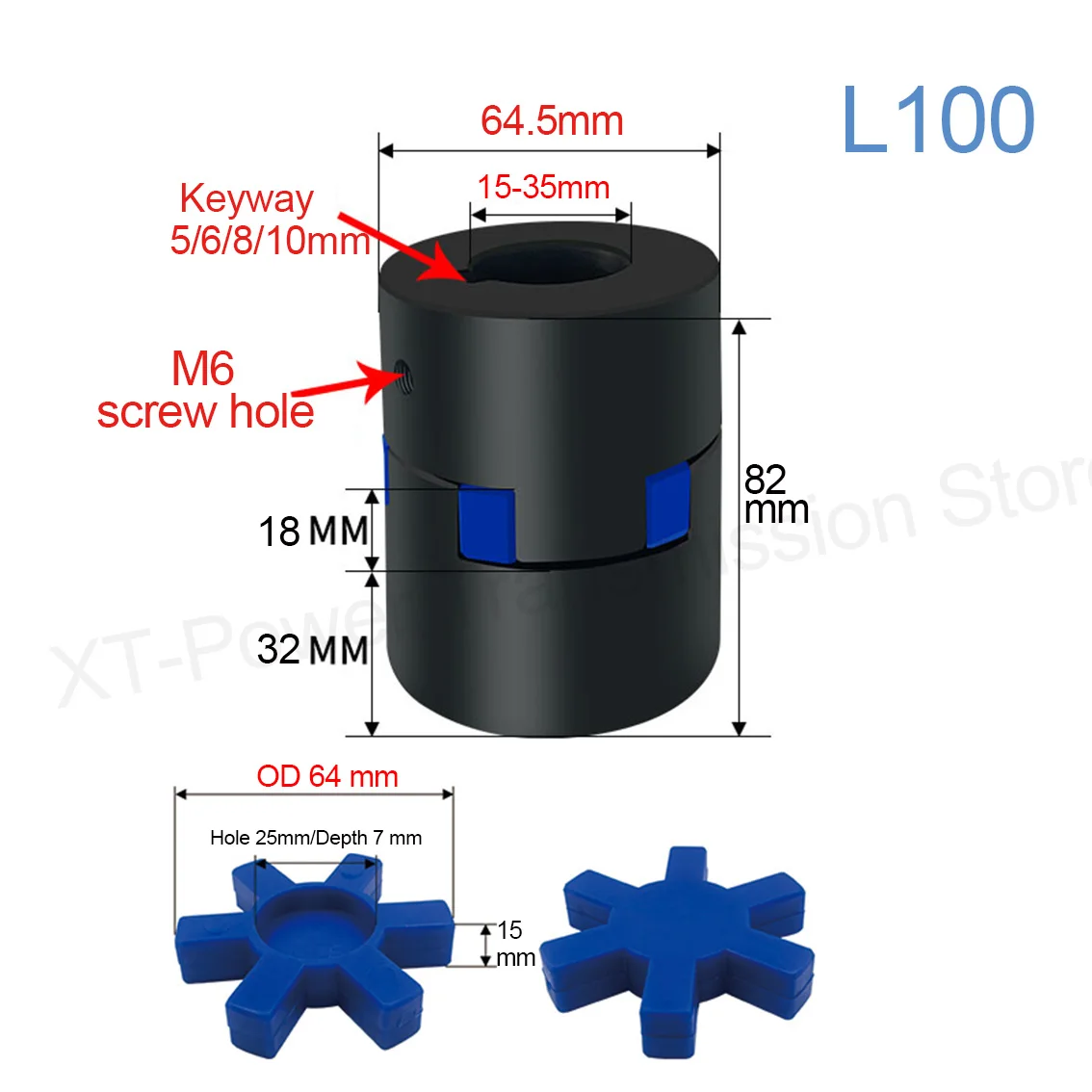 1Set L100 Three Claw Coupling Plum Blossom Water Pump Servo Motor Elastic Coupling Transmission Shaft Bore 15-35mm with Keyway