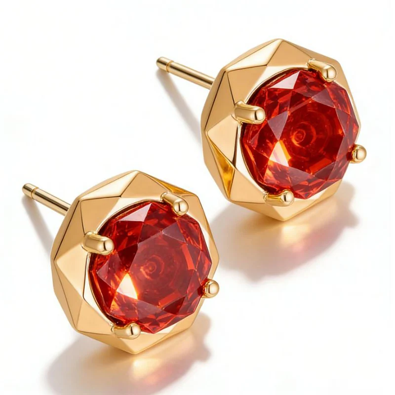 Fashionable Light Luxury Octagonal Rose Cut Red Crystal Ear Stud Simple Gold Color Earrings for Women Jewelry KOFSAC