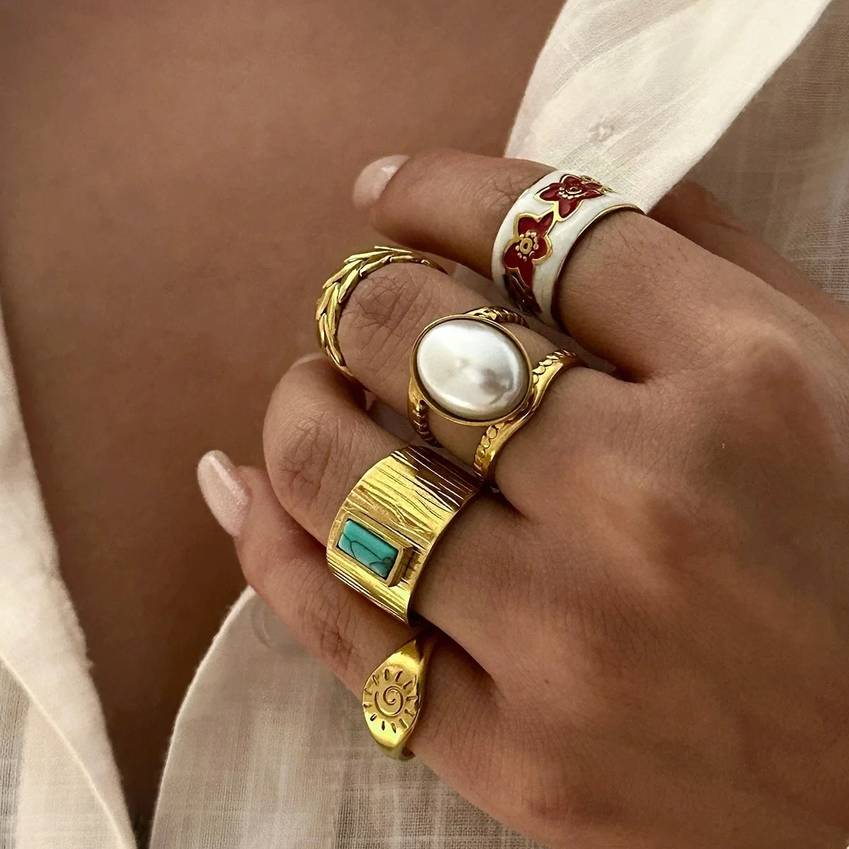 Edelstahl-Sonnen-Emaille-Blumen-Weizenblatt-Simulationsperlenringe für Damen und Herren, trendige, retro-inspirierte, geometrische Breitbandringe, Schmuck – Detail 10