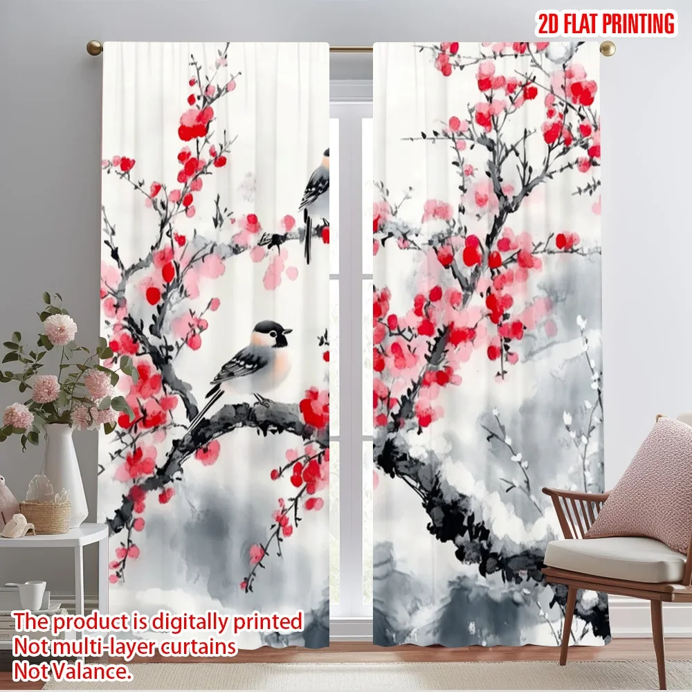 2pcs,2D plane printing Light Filtering Curtains Winter Blossoms Versatile Polyester (without rod) Holiday Use for Various Rooms,