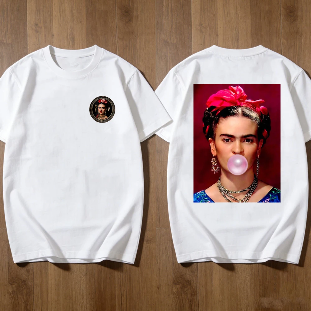 Camiseta Frida Kahlo para Mujer, Diseño de Doble Cara con Gráficos de Bubble Gum Pop Art, Artista Mexicana, Informal, de Algodón, Manga Corta, Estilo Boho, Ropa Urbana