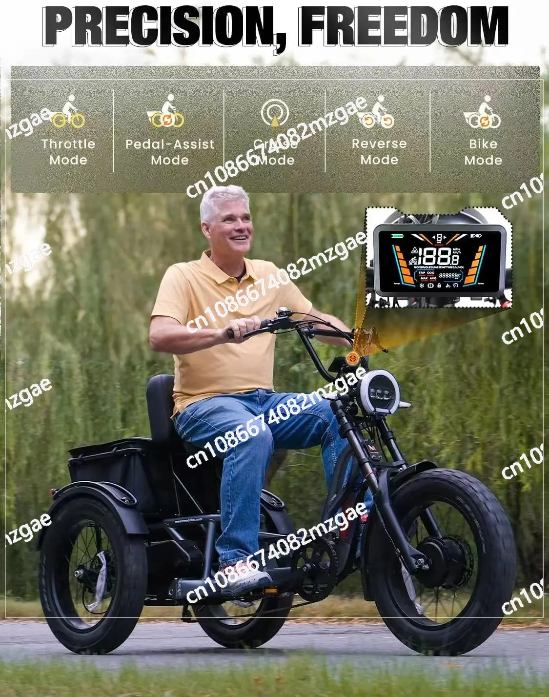 Long Range Dual Motor Dual Battery 3 Wheel Electric Cargo Trike for Adults, Sand and Snow Fat Tire Delivery Tricycle