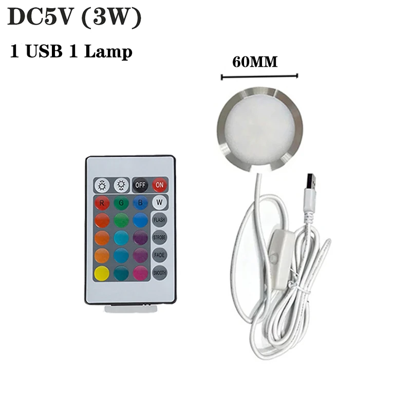 ไฟสปอตไลท์ RGB USB 5V 3W บางเฉียบ 8 มม. ชุดไฟตู้หลากสี พร้อมรีโมทคอนโทรล ไฟ LED DIY โคมไฟเพดานแบบเรียบง่าย