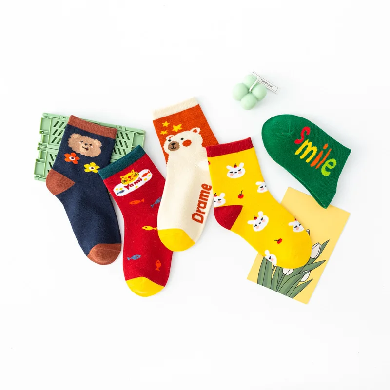 5 Pairs Kids Cartoon Animal Crew Socks Bear Rabbit Tiger Print Soft Cotton Breathable Children Casual Socks Set