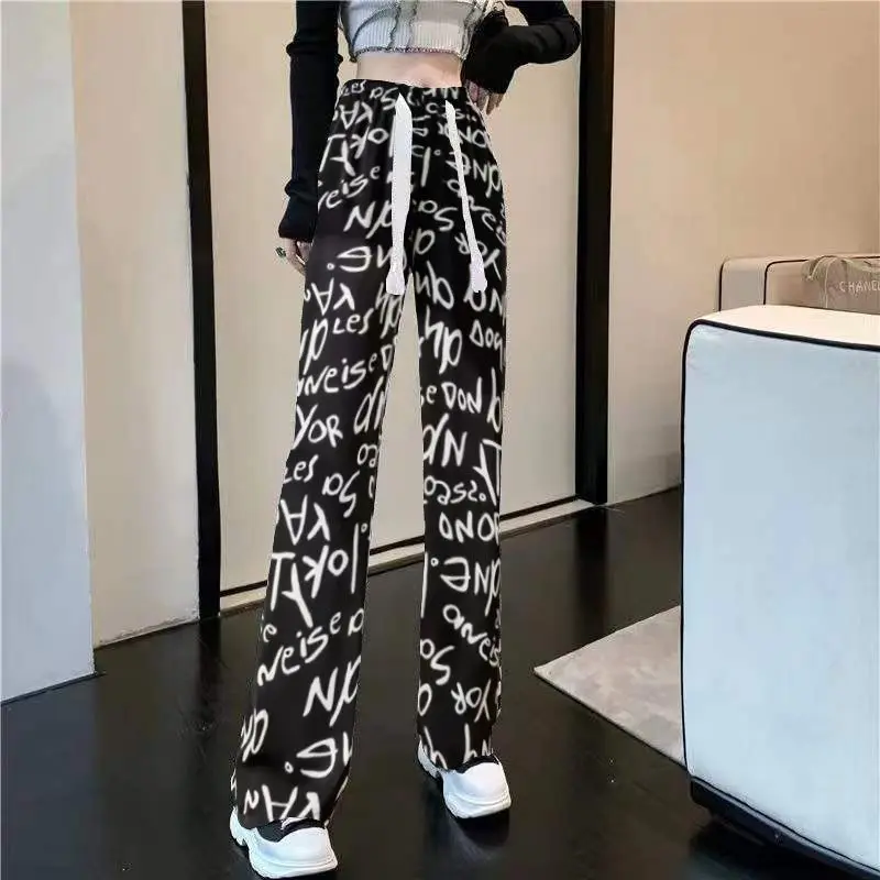 Korean Fashion Women Clothing Loose Straight Pants Summer Streetwear Casual Letter Plaid Elastic Waist Versatile Thin Trousers