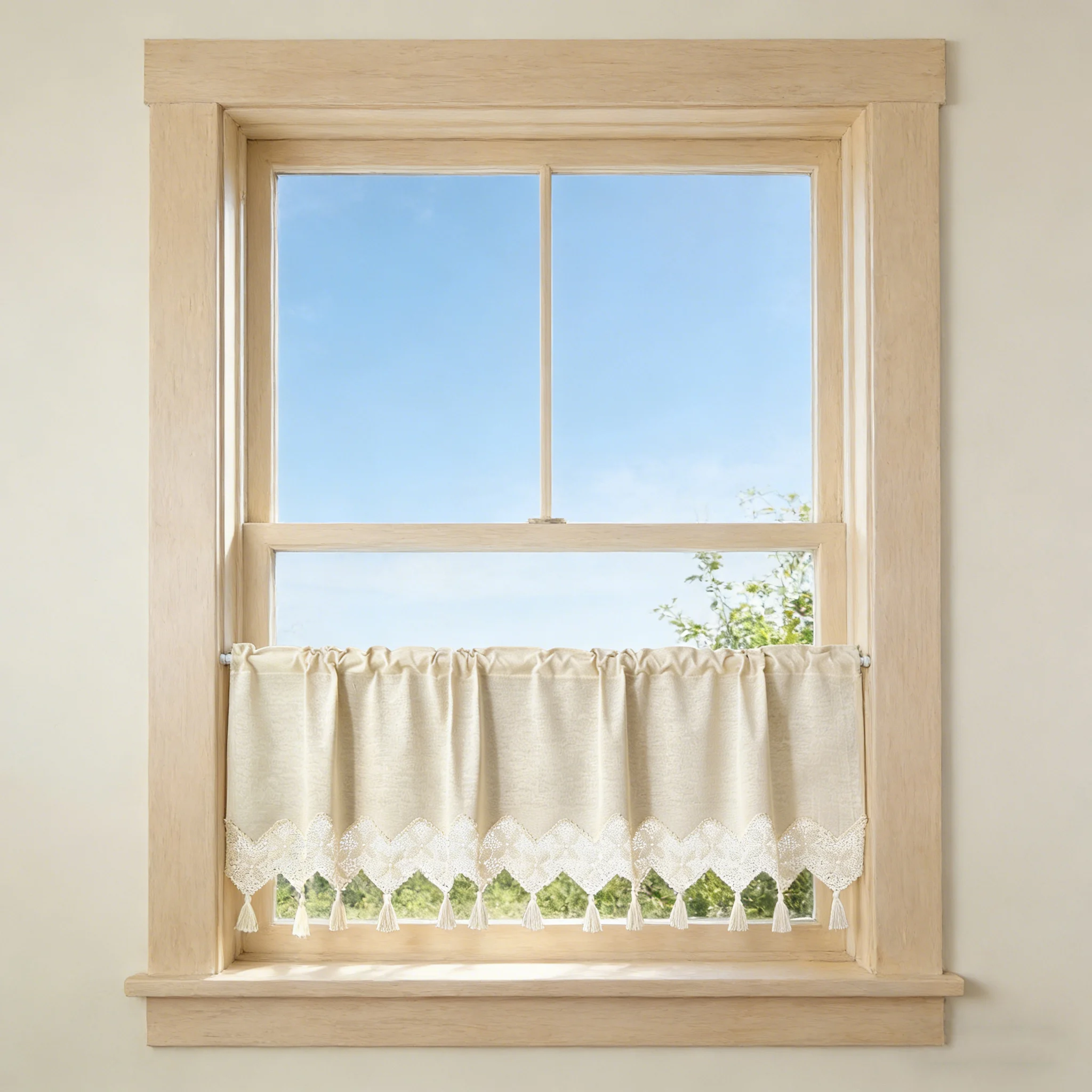 Beige Linen Short Curtain Valance with Tassels Crochet Diamond Hollow Lace for Kitchen, Cafe, Study, Cabinet
