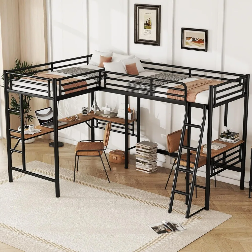 Twin Size L-Shaped Loft Bed with 2 Built-in Desks, Metal Loft Corner Bed with 2 Ladders and Safety Guard Rail,Space Saving,Black