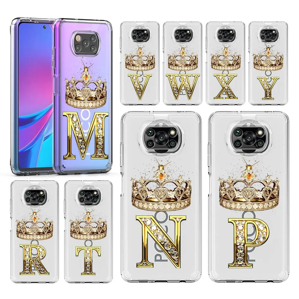 Diamond Crown Letter 26 Letters Phone Case For Xiaomi Mi 14 13 13T 12T 10 12 Lite 11 11X 11T Poco X6 X5 X3 NFC F6 5G Cover