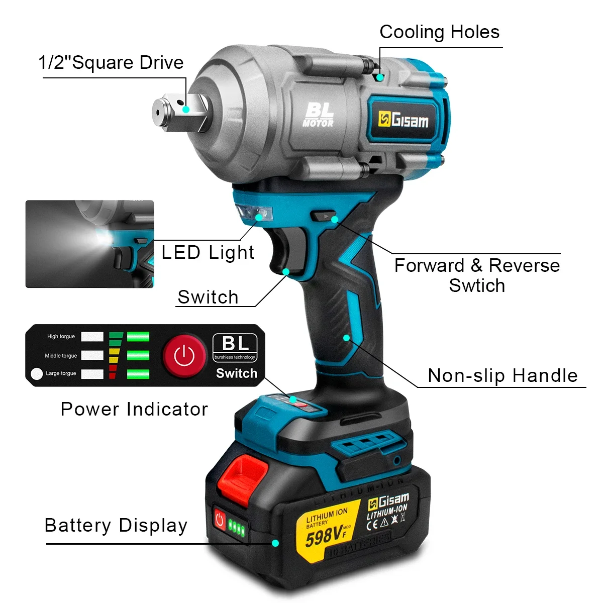 2000N.M Torque Brushless Electric Impact Wrench 1/2 inch Screwdriver Cordless Electric Wrench Power Tools For Makita 18V Battery