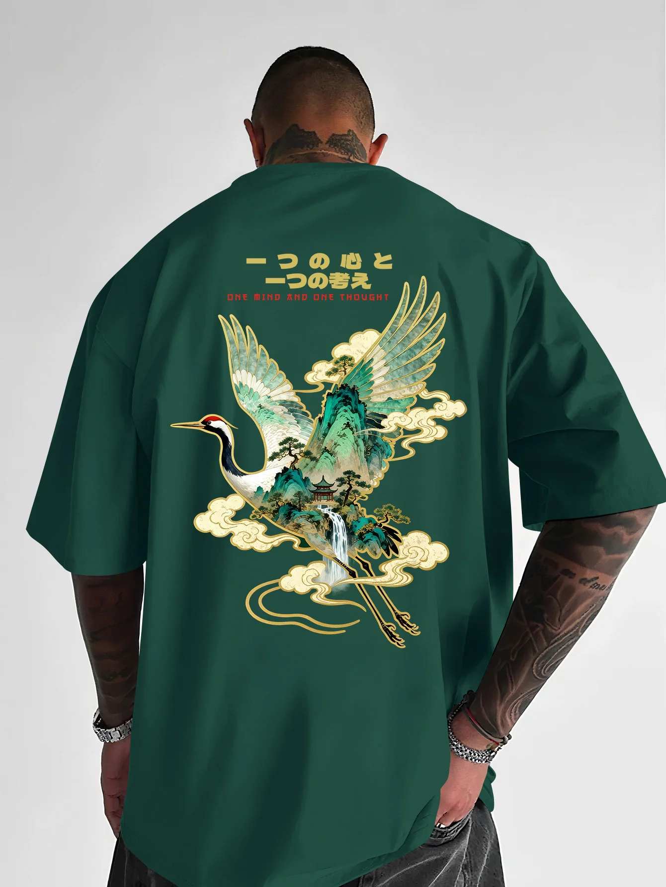 Summer Street Style Crew-neck T-shirt with Crane and Landscape Japanese Print for Daily Commuting 100% Pure Cotton Men's T-shirt