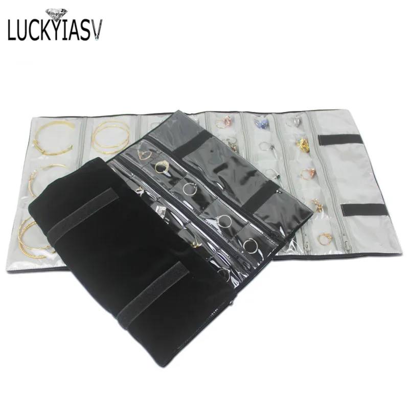 Jewelry Storage Box PU Leather Jewelry Display Organizer Zipper Case Travel Grids bag Earring Holder Jewelry Boxes