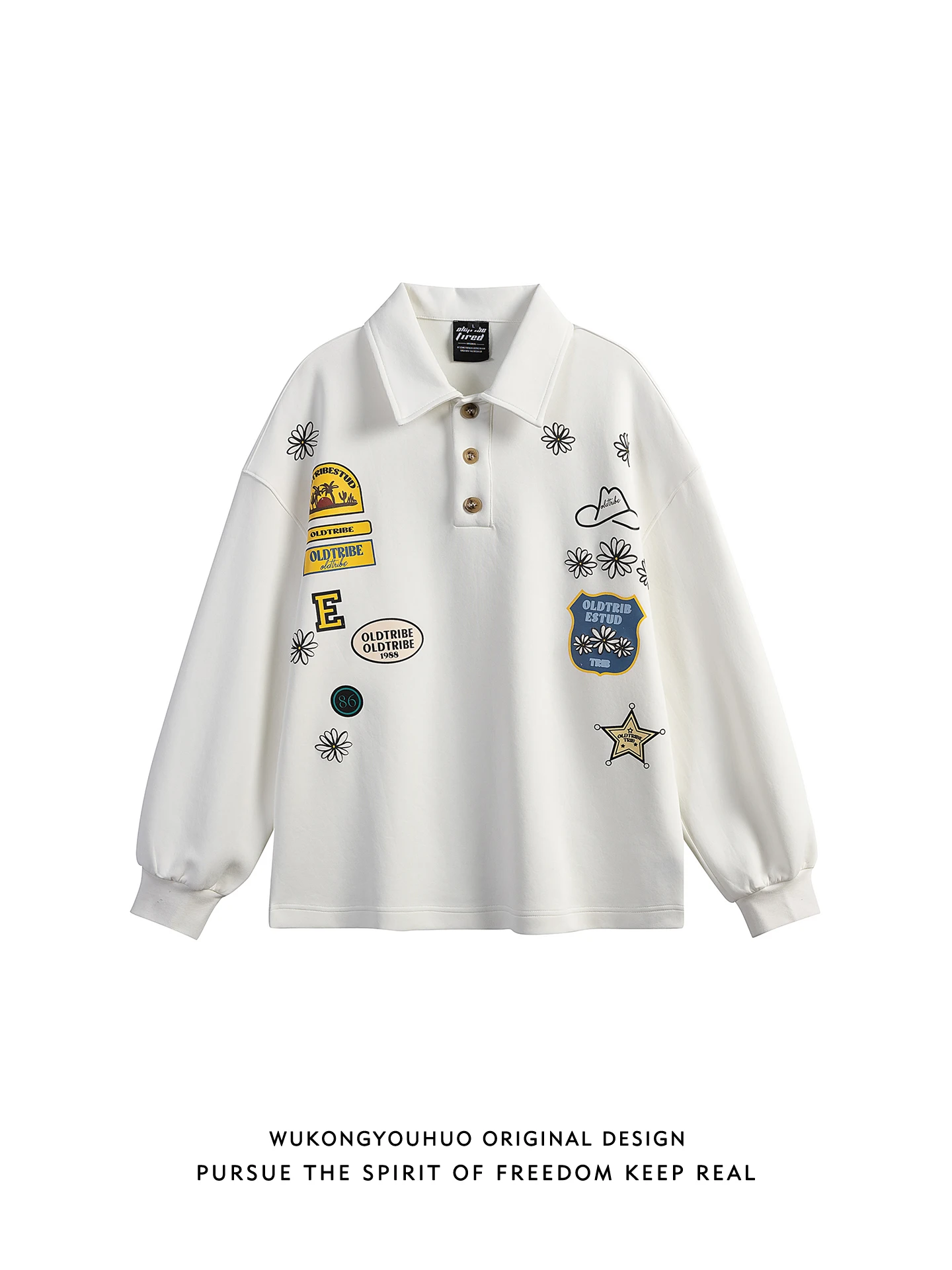 

Trendy Retro Print Long Sve irt Men's Loose Casual Overhead American Sle Couple Match Cotton Polyester Blend