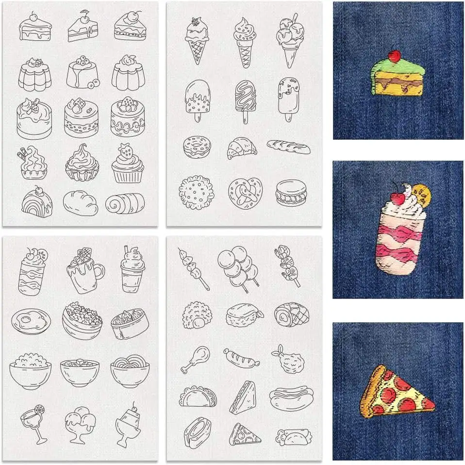 4 Sheets Dessert Embroidery Stabilizer - Sweet Treat Designs on Water-Soluble Self-Adhesive Paper for DIY Crafts