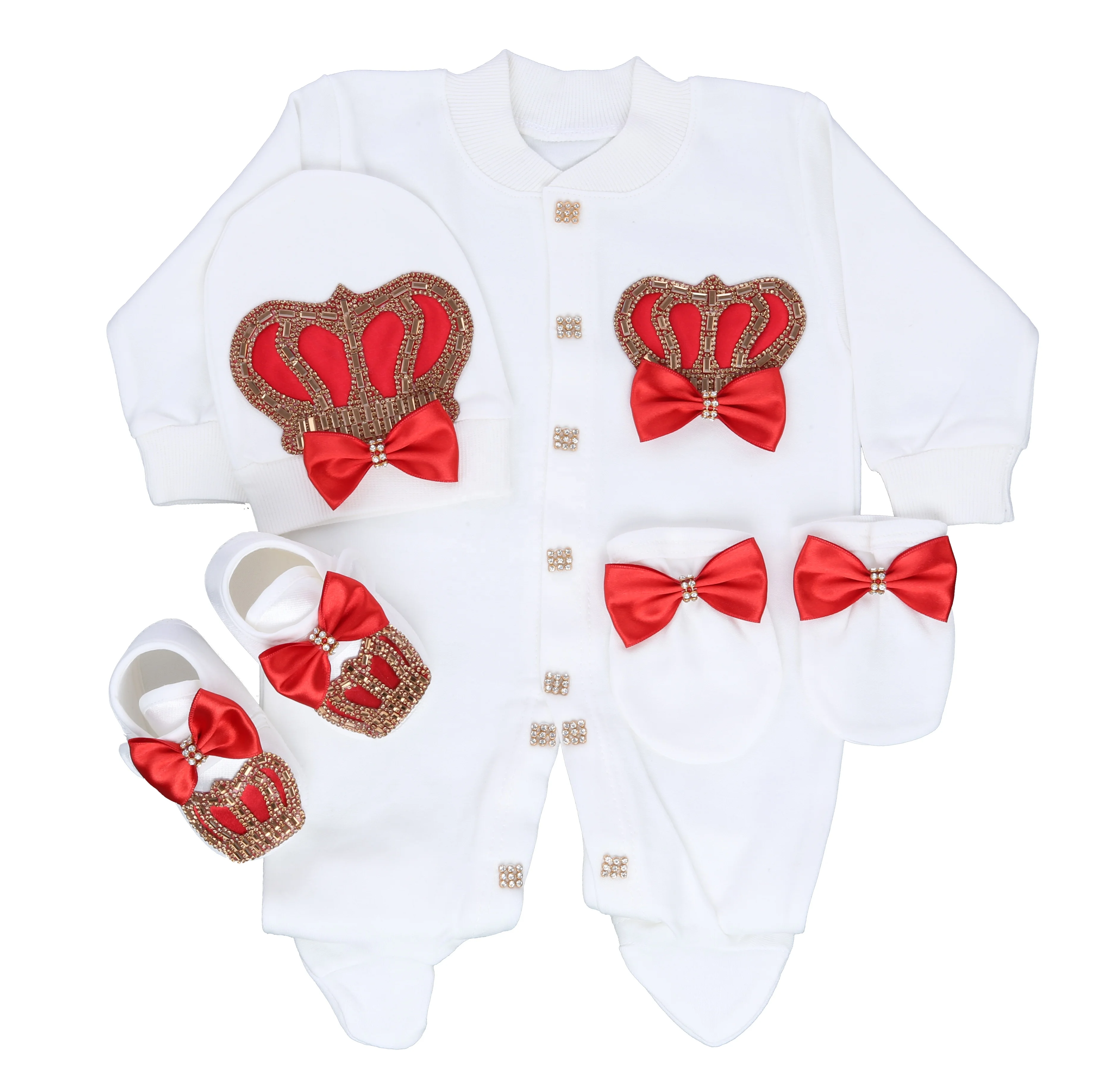 Footed Romper Newborn 0-9 Months 4 Piece Set White Red Gold Crown Bow Prince Royal Boutique Baby Shower Gift With HatMittenShoes