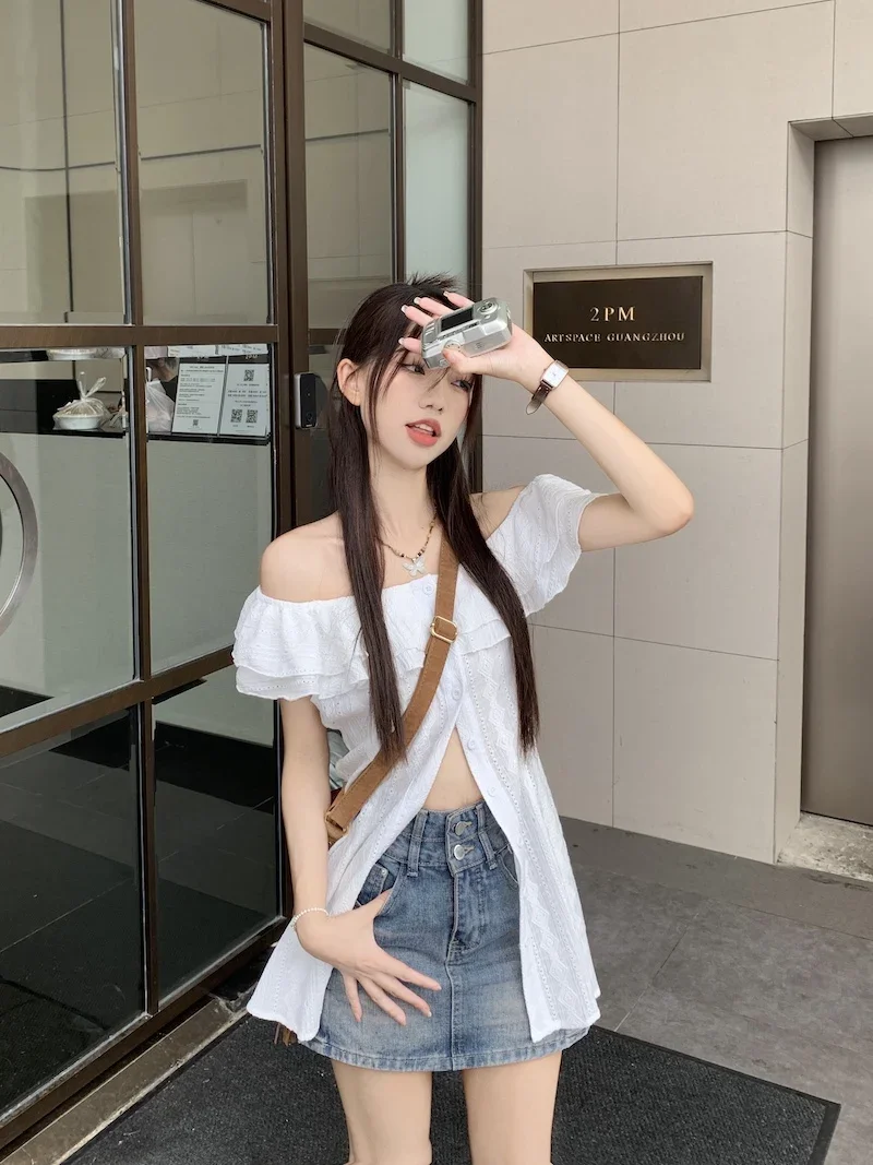 Bluse für Damen, sexy, Slash-Ausschnitt, ärmellos, Sommerhemd, Rüschen, einreihig, süße Blusen, Y2k, gehäkelt, schlank, süße Oberteile