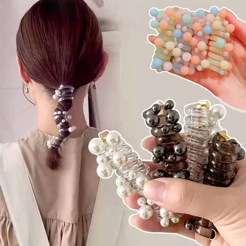 Sweet Beads Telephone Line Hair Rope Straight Elastic Transparent Ponytail Holder Scrunchies Rubber Band Pearl Hair Ring Wedding