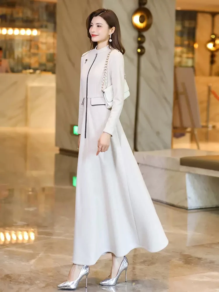 New Women Spring Autumn Long Woolen Dress Fashion Small Stand Collar Long Sleeve Slim Thick Dress Elegant Beige Overlength Dress