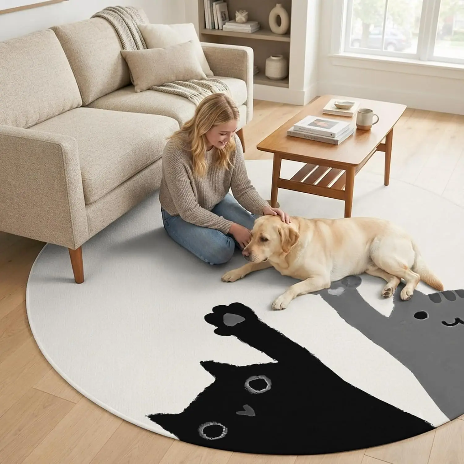 Cute Cat Pattern Round Plush Rug Bath Mat Sponge Floor Decor for Living Room and Nursery Home Gift Pet Lovers