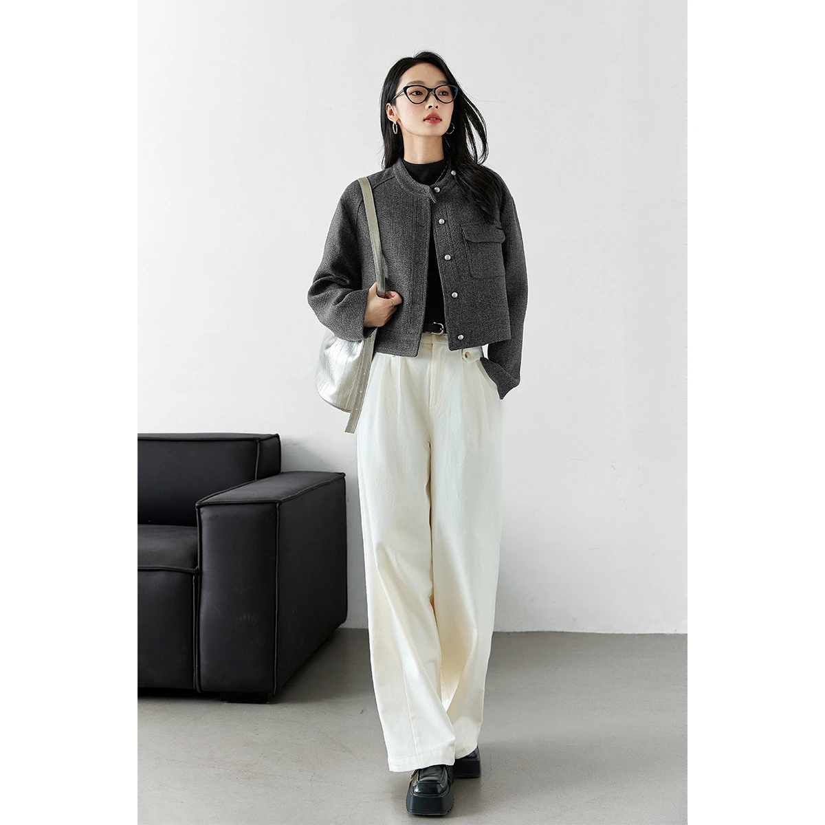 VIMLY Women's Padded Thick Stand‑collar Coat 2026 Autumn Winter Vintage Cargo‑style Loose-fit Short Wool‑blend Overcoat A0001