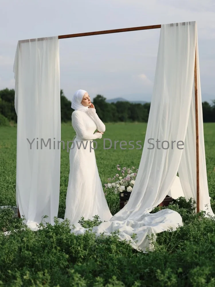 Luxuriöse muslimische Brautkleider Hijab Braut Stehkragen Langarm Meerjungfrau Zivilspitzenkleid Brautkleider Maßgeschneiderte Robe de Mariée