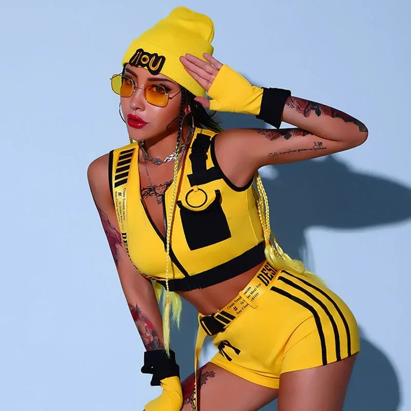 Adult Women Jazz Dancing Performance Stage Costume Yellow Hip Hop Dancing Clothes Festival Clothing Gogo Dancer Outfits YS2965