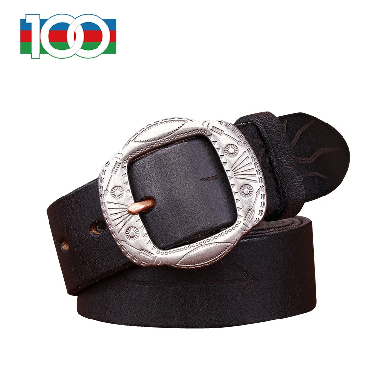 

Men's leather belt carving personality trend Men's leather belt fashion casual hundred bypass head layer cowhide belt