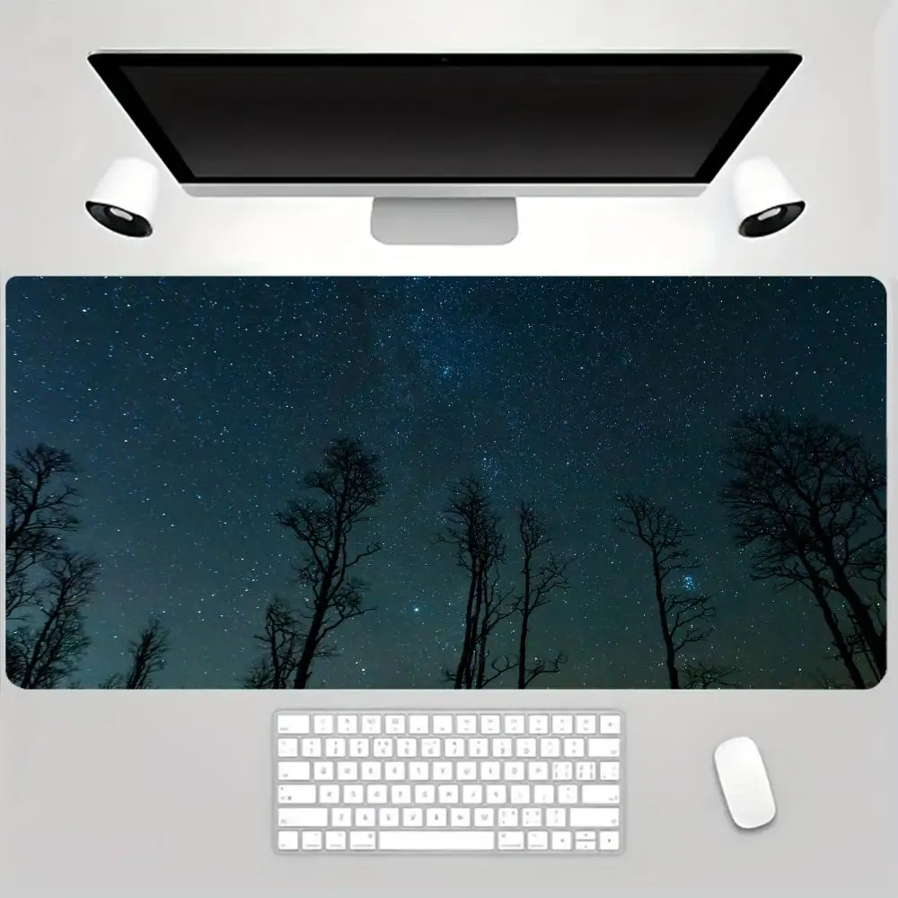 Starry Sky Moon Cloud Large Desk Mouse Pad, Night Sky Galaxy Scenery Extended Desk Mat Stitched Edge Non‑Slip Rubber