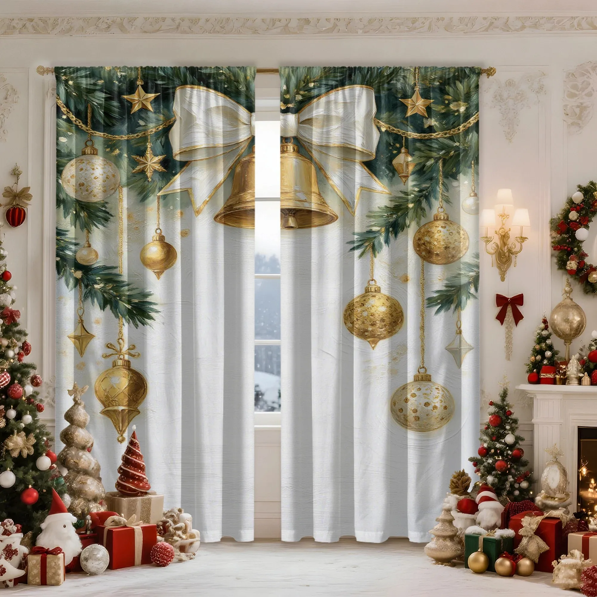 2PCS Digital Print Curtains, Golden Bells White Bow Christmas Ornaments Pine White, Rustic Holiday for Living Room Bedroom Decor