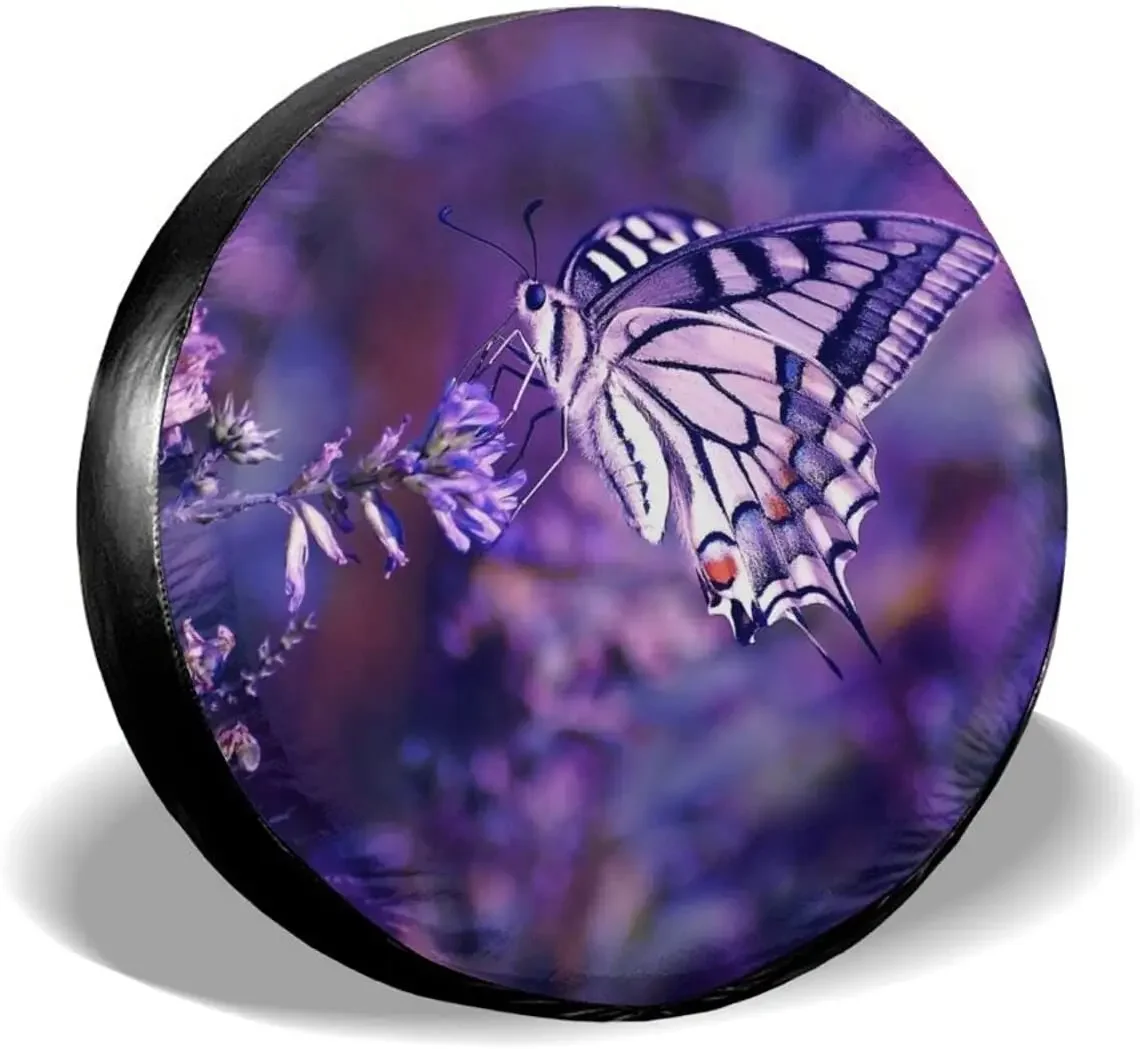 Delumie Butterfly Lavender Spare tire Covers Potable Universal Wheel Covers Powerful Sun-Proof Waterproof Tire Cover for SUV Tra