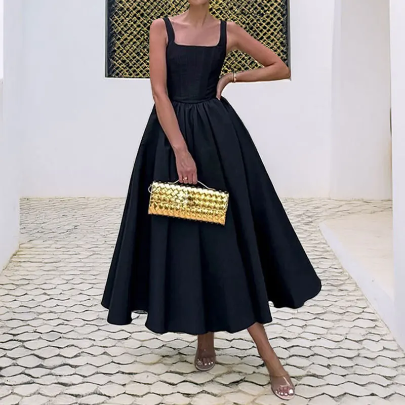 

Robes Longues Vintage Lapel Belted Hem A-Line Solid Color Long Skirt Women's Summer New Bohemian Commuting Pleated Evening Dress