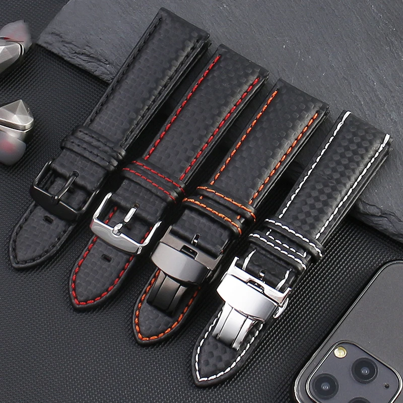 20mm 21mm 22mm 23mm Carbon Fiber Leather Mens black Orange White Red Line Stitching Watchband For Universal Brand Watch Strap