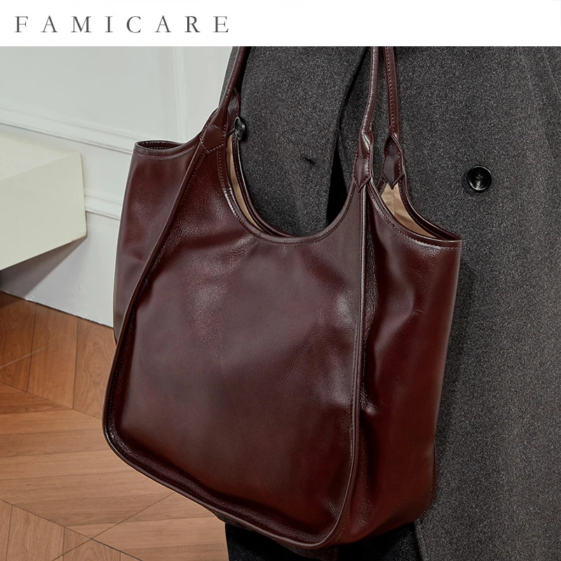 

2025 New Vegetable Tanned Top Grain Leather Tote Bags Spacious Underarm Single Shoulder Bag Women Commuting Shopping Handbag