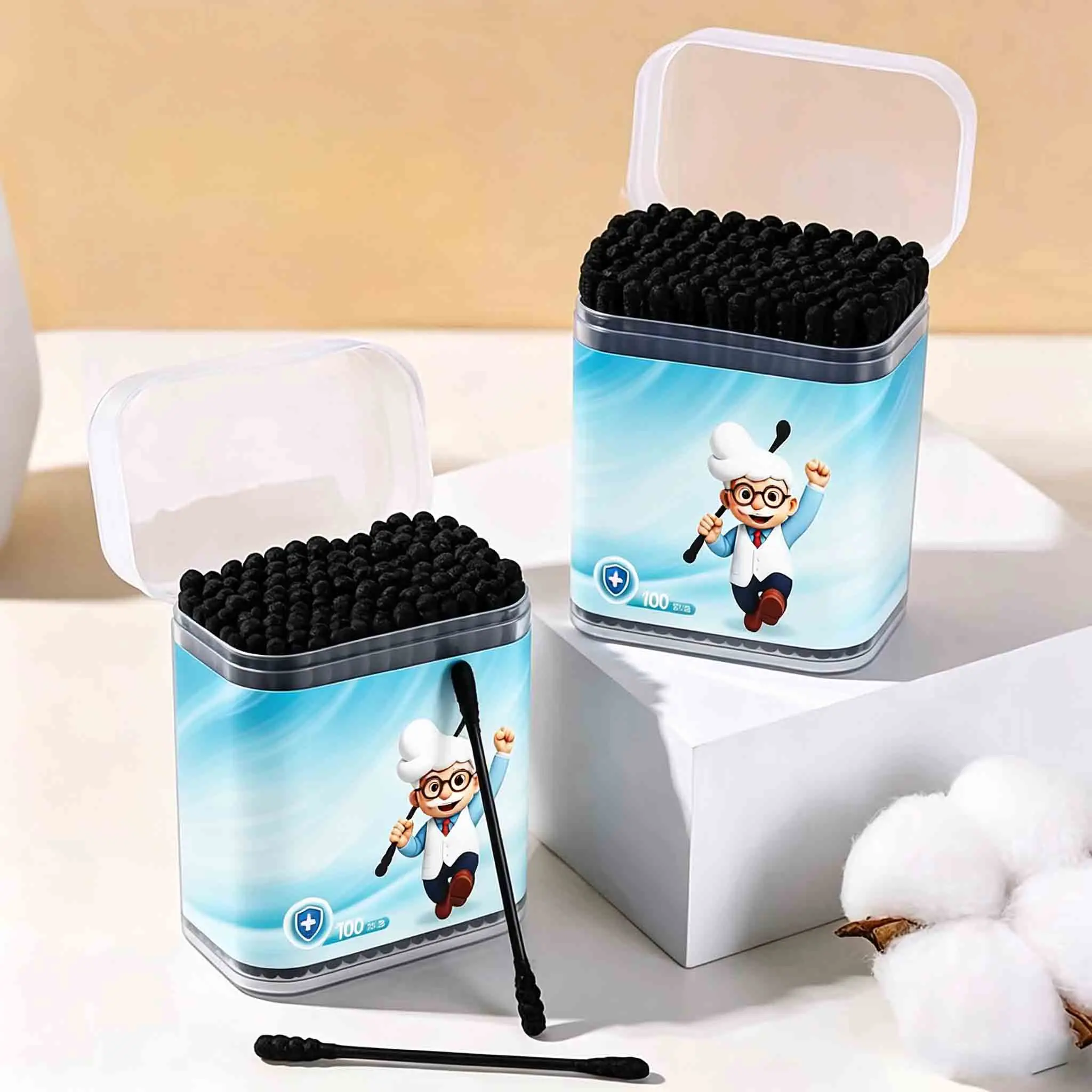 Adult Ear Cleaning Cotton Swab 100/200 Double Headed Black Spiral Ear Scoop Disposable Cleaning Cotton Swab for Ear Care