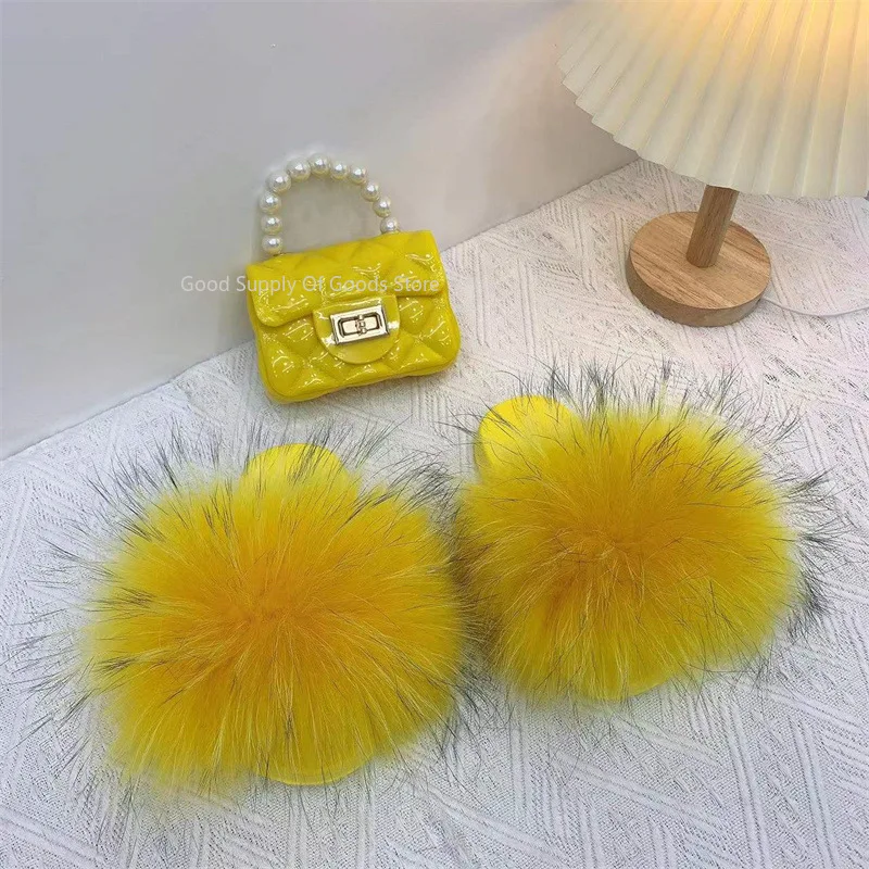 

Kids Fox Fur Slippers and Purse Set Wholesale Furry Fluffy Fur Slideshow Toddler Girl Shoes Child Rainbow Sandals Jelly Bag Sets