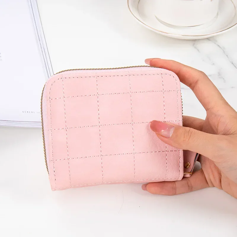 Women Fashion Small Zipper Wallet with Coin Purse PU Leather Plaid Purses Ladies Cute Mini Korean Version Small Card Pack New In