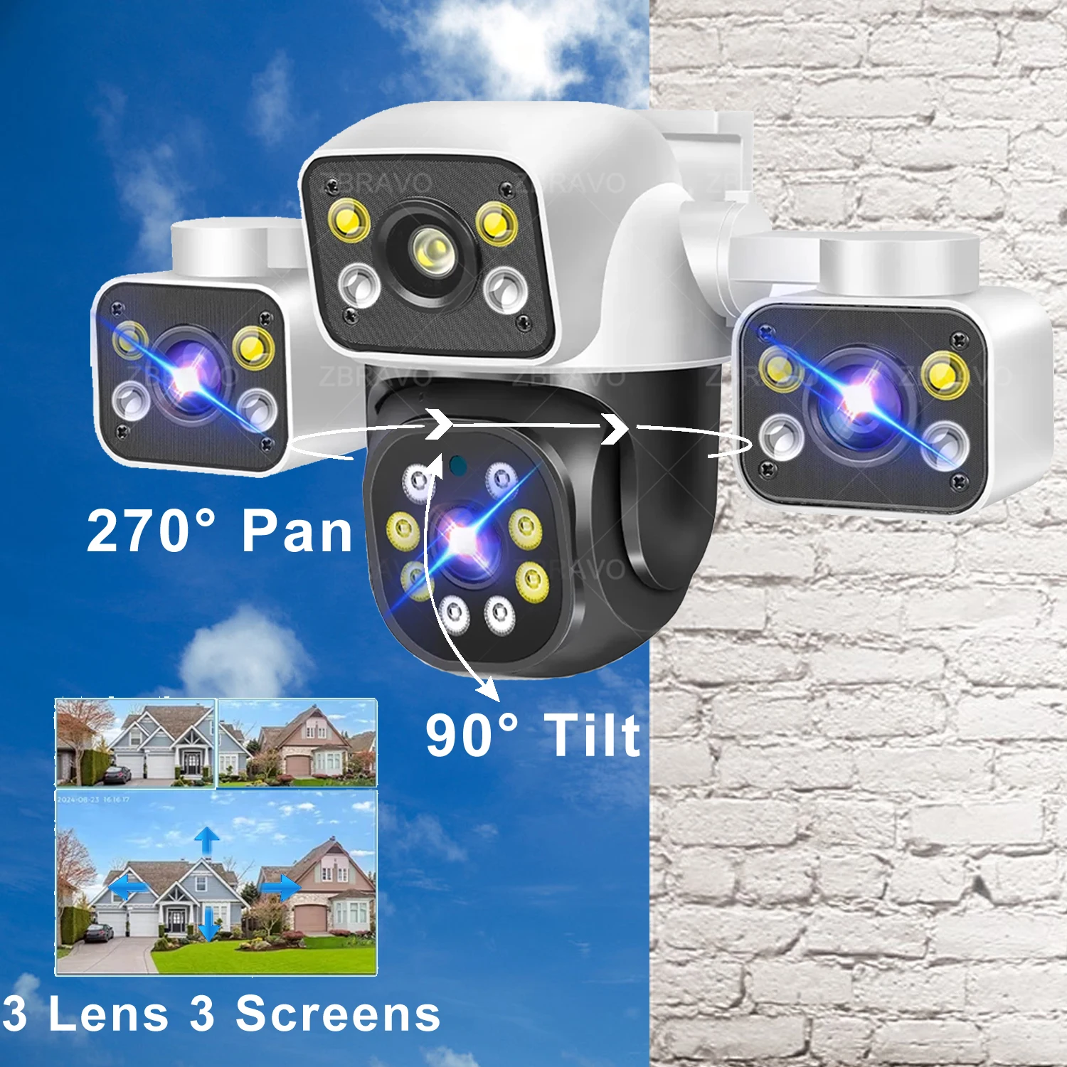 TUYA 12MP WiFi PTZ Outdoor Camera 3 Lens 3 Screens Motion Detection Two Way Audio Color Night Vision Home Security Camera