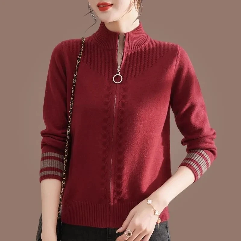 Chaqueta cárdigan de punto con cremallera y cuello levantado para mujer, cárdigans de manga larga de Color sólido, suéter grueso, abrigo 3XL