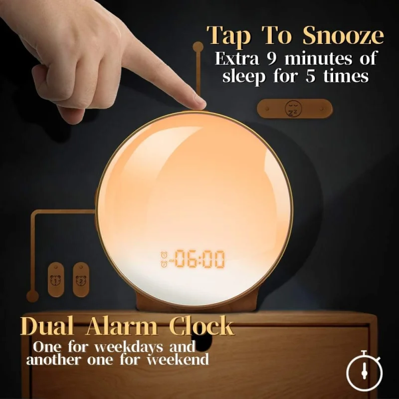 Simulated sunrise and sunset natural wake-up light LEDElectronic alarm clockFMRadio with colorful ambient light for bedside use
