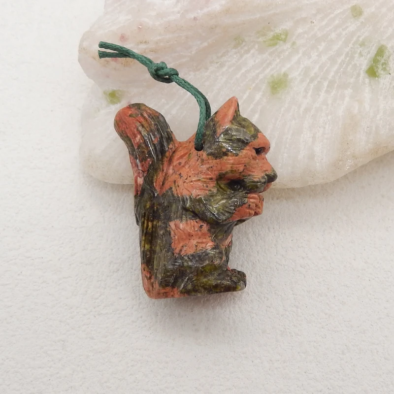 Natural Unakite Jasper Squirrel Carved Pendant for Necklace, Animal Pendant,  Loose Gemstones for Jewelry Making