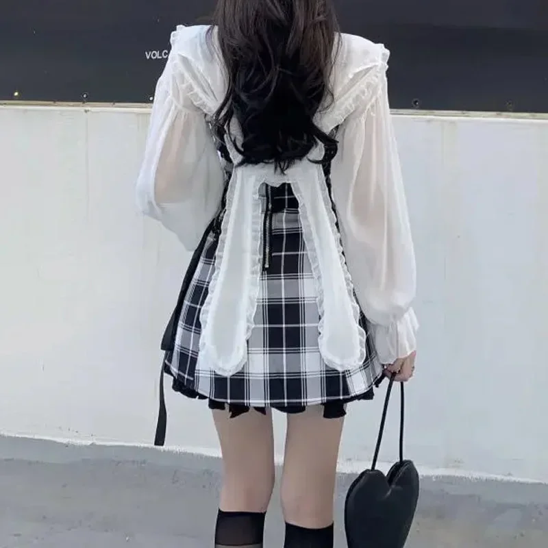 Plaid Print Kawaii Lolita Mini Dress Fairy Grunge Set Cosplay Gothic Y2k Dress Sweet Aesthetic Sets Sundress Cute Mall Dresses