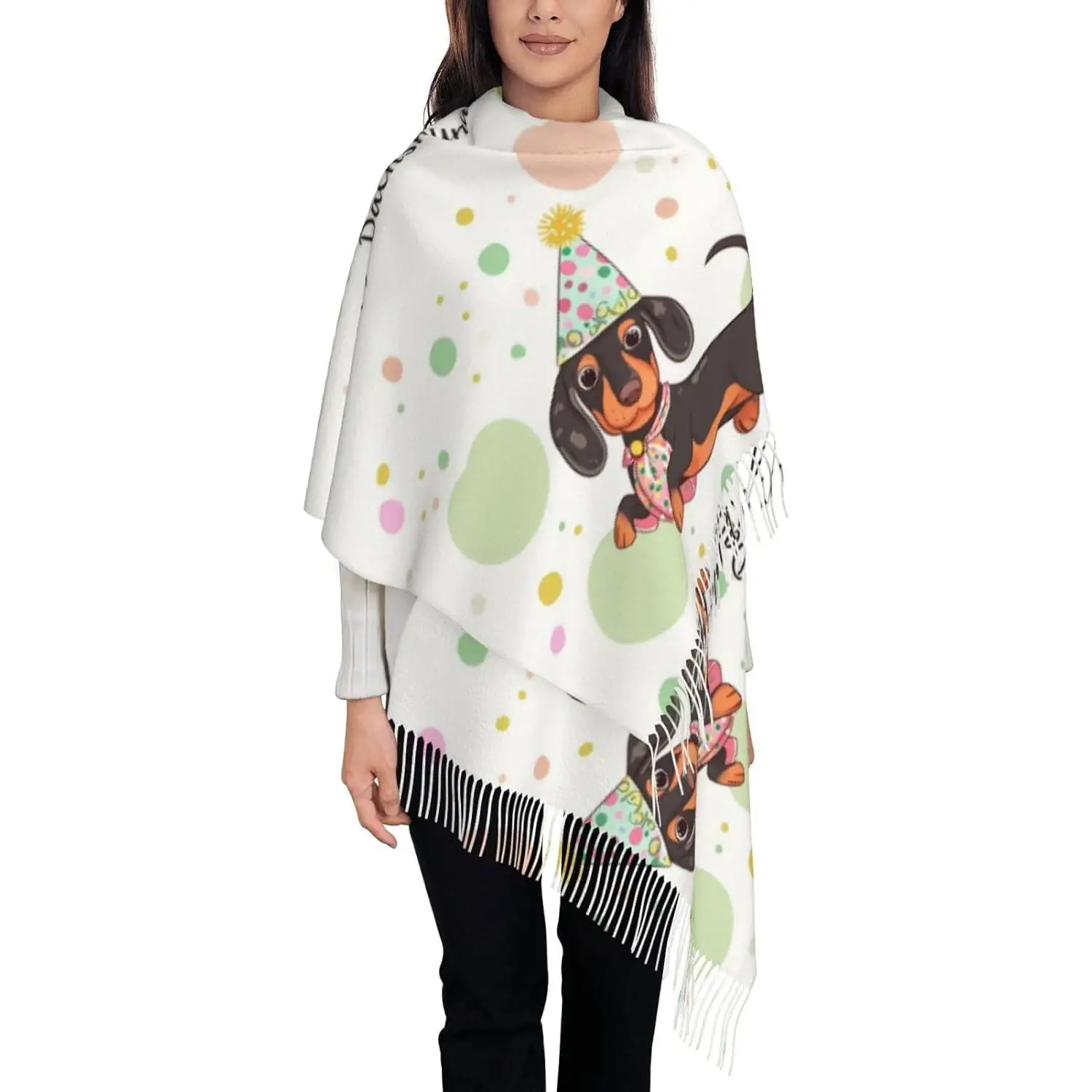 

Забавный зимний мягкий шарф с таксой, милая собака-колбаска, женские теплые шали, уютный шарф с кисточками для яркого щенка