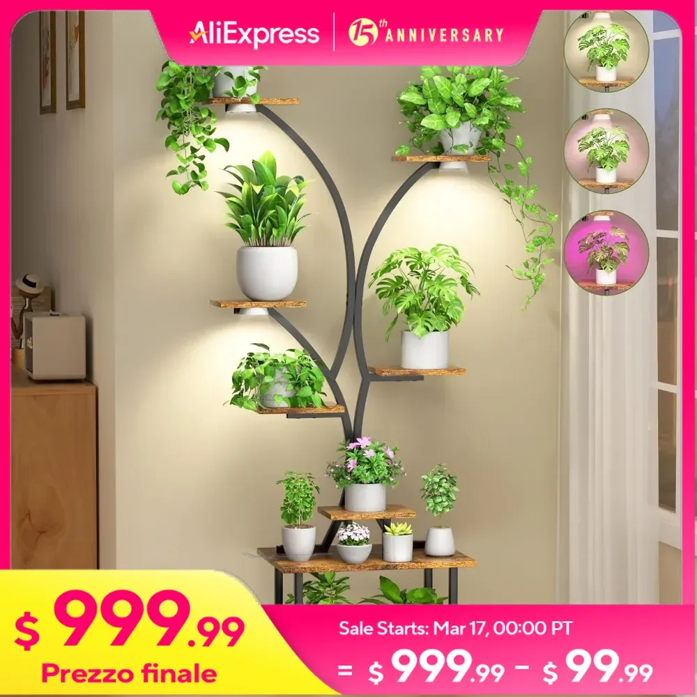 60″ Plant Stand Indoor with Grow Lights, Corner Flower Holder, 8 Tier Tall Metal Plant Shelf