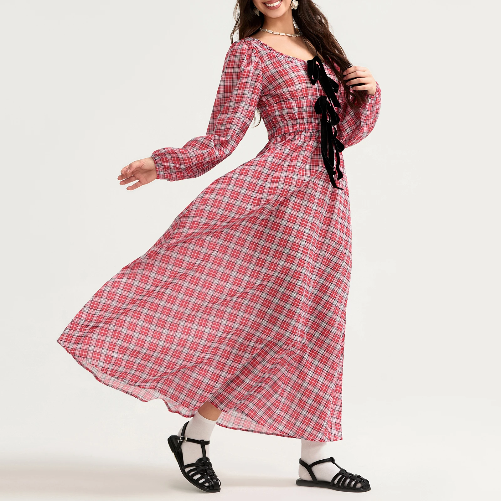 Women Long Sleeve Loose Long Dress Fashion Elegant 3D Bows Square Neck Plaid A-Line Fall Vintage Dresses