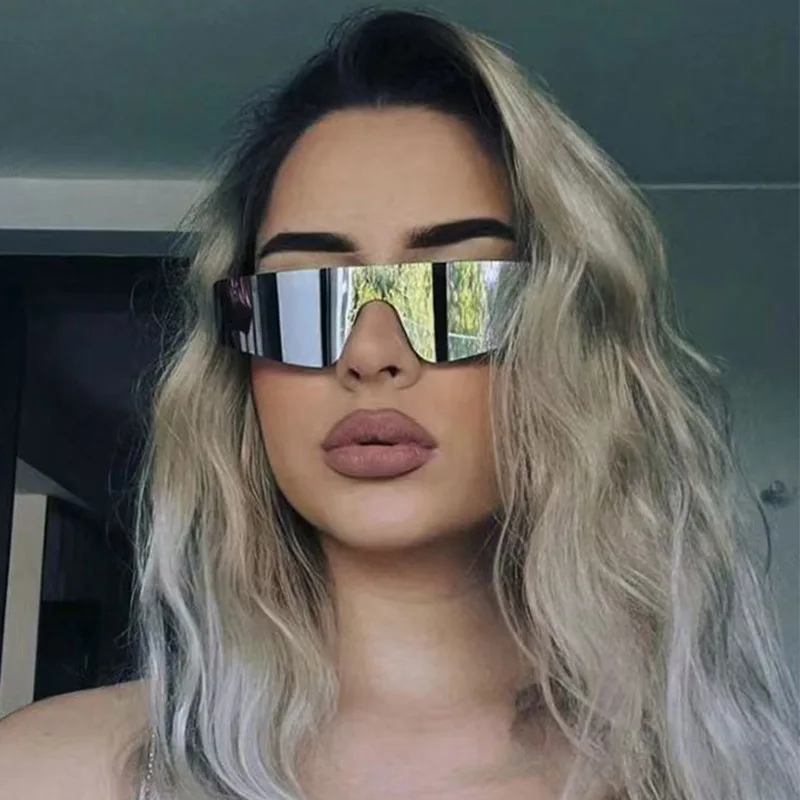 Cyberpunk Integrated Wraparound Sunglasses Frameless Single Piece Silver Mirror Lens Futuristic Y2K Sports Visor Sun Glasses Trendy Decor Eyewear