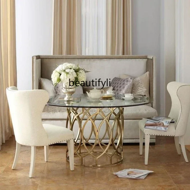 178Neoclassical round dining table glass dining table European brushed brass stainless steel round table dining room2936