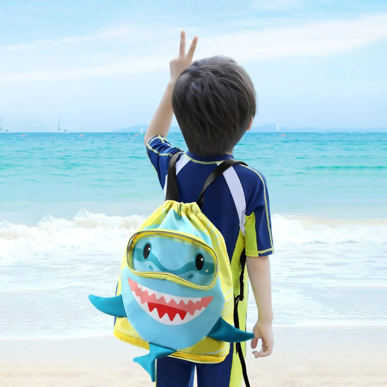 子供用スイムバッグ-シューズコンパートメント付き-シャークデザイン-巾着バックパック-ドライ＆ウェット分離-プールバッグ-3歳以上の女の子向け